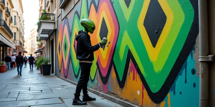 A green alien in a black tracksuit paints a graffiti diamond in Monaco