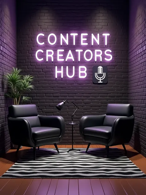 Make a podcast studio with the following room decor. 1. a 4 legged pedicure or medicure stylish sitting seats color black. A wall with a brick like design with a touch of black white and purple the the two seats should be facing each other but in a black a...