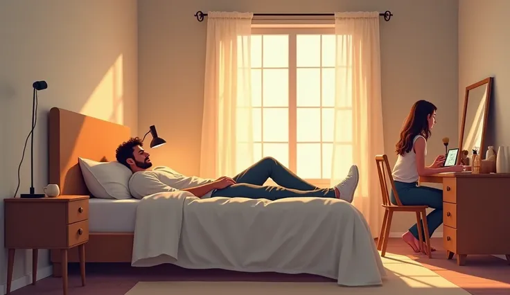 A realistic illustration of a man and a woman in a cozy bedroom setting. The man is lying down on the bed, appearing relaxed and wearing casual clothes. The bed is neatly made with simple bedding. The woman is sitting at a small dressing table nearby, faci...