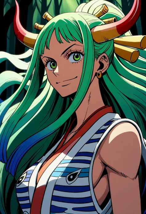 yamato of one piece),smile,spotlight on face,long windy hair green, hair,oni,horn,by eiichiro oda,solo,anime, driade , wooden body, wooden skin, green glow, green eyes, green hair. forest,