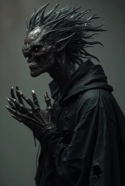 A black demon with long hands , one metalic eye, grotesque form silver lining, totally badass (0.2), hair spikes , two holes on left and right side of the chest , horrifying, terrifying and disturbing 