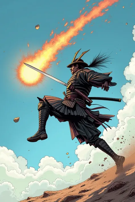  Generate a meteorite in the upper left and a samurai in the lower right that soars in the air with his sword stretched out at the meteorite, realistic manga style side shot  