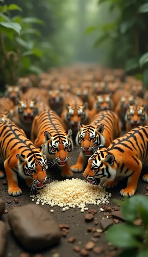 Dozens of palm-sized little tigers are eating like chickens