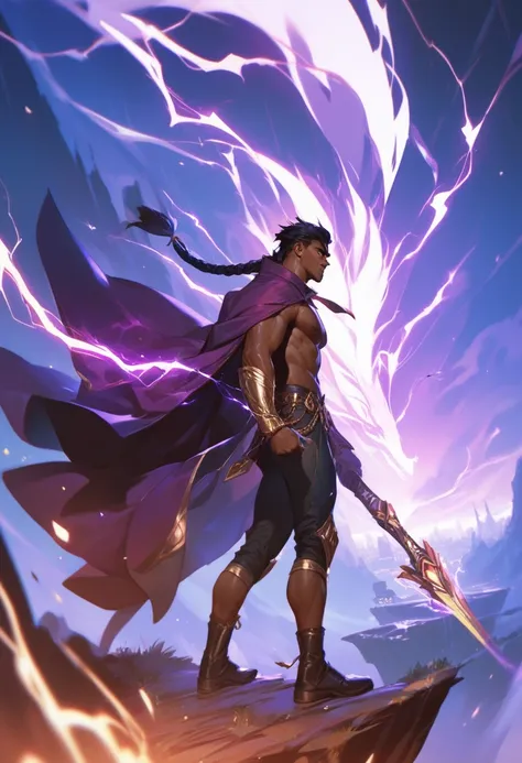 adult cisgender male, long braided black hair, tan skin, red electricity crackling around him, wearing purple and gold cloak, angry, midnight hour, standing on cliff side overlooking cityscape, dynamic lighting 