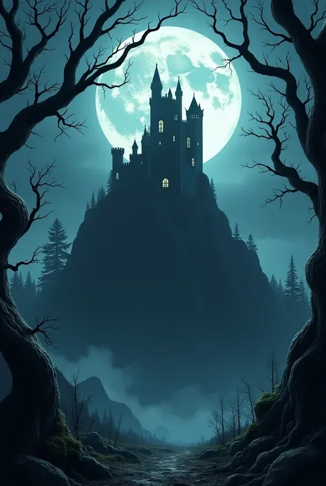 "A chilling 8k depiction of a haunted castle on a dark mountain, with twisted trees and a full moon casting long shadows across its haunted grounds, as glowing eyes peer from the windows."

