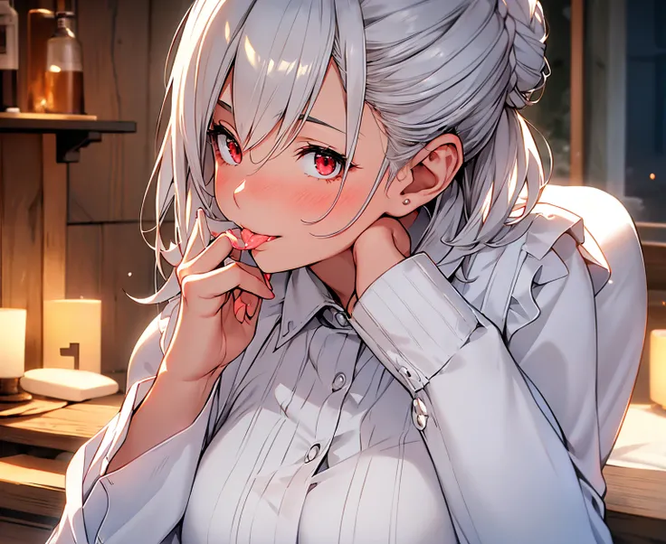 Kyoto animation style, with silver hair, 8k extreme face details, 8K Ultra HD, amazing woman, White hair, (Bob hairstyle), Slim body, red eyes, A young woman, dressed in a light gray maid outfit apron with open bosom, and a hair bun. Close-up, focusing on ...