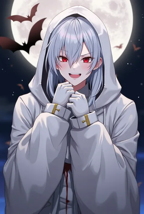 1boy(8k, smiling, red eyes, white hair, white hat, gloves, demon hunter, half body, troll hunting scene, white shirt, cold white jacket, hood, blood, moon night, scenery , is celebrating the Lunar New Year festival, accessories, there are bats who voluntee...