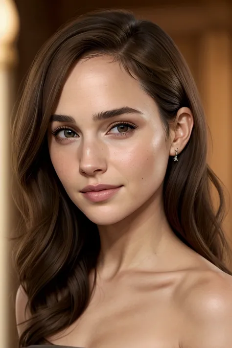 A 50-year-old woman with features that elegantly combine the characteristics of Gal Gadot, Emma Watson and Emilia Clarke. Oval face, almond-shaped and expressive eyes in a greenish-brown tone, well-defined and naturally arched eyebrows. Delicate and propor...