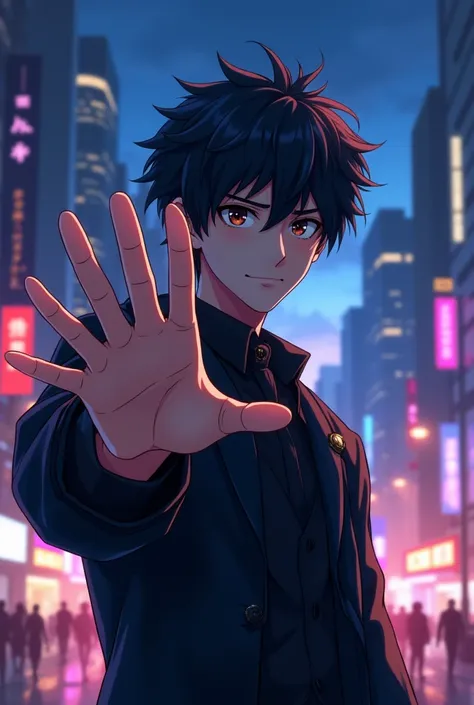 Handsome cool anime male student wearing ，Handsome animated anime male student wearing black hair ， in the night city waving to the front