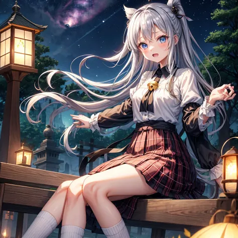 Chestnut Hair、 blue eyes、 with hair tied、Two cute、 plaid miniskirt to make up for embarrassment、 BLACK T-SHIRT、 Long Sleeve 、 light clothing、 dress、 camisole、 high socks、Teeth are visible、The stone is cracked、The road is curved、tree、Mountain々、diagonal、 mon...