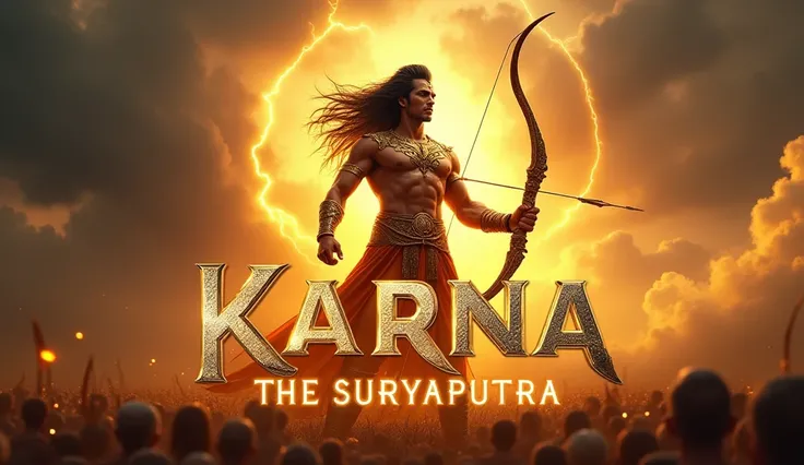 Create a powerful and awe-inspiring poster of Karna, the heroic warrior of the Mahabharata, standing in the center of the Kurukshetra battlefield. He is adorned in his glowing golden armor, radiating divine energy, and holds his legendary bow, fully drawn,...