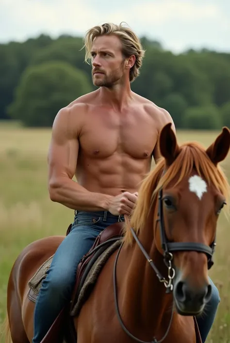 Christian Bradley . Sexy man, White, American, high, Muscular,   dark blond hair   , Sensual,  full body ,   similar to that of Jensen Ackles  ,   realistic image , details, high resolution , Ultra HD, casual style, Riding on a horse on the farm ,  masterp...