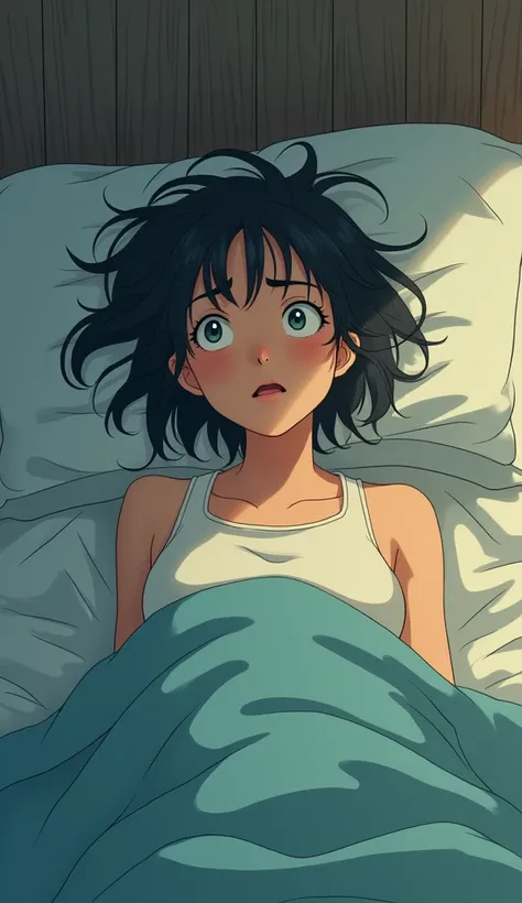 A young woman wearing a pajama top, her hair is sleeping on the bed, is having a bad dream. Ask for a ghibli cartoon image