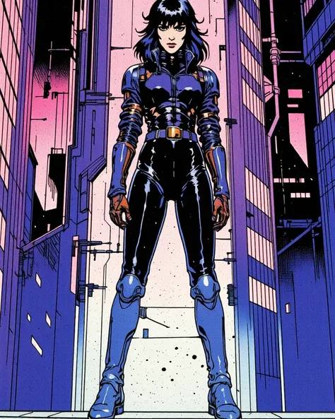 "Retro Chrome Guardian": A female cyborg adorned with gleaming robotic limbs and a dark retro outfit stands in a futuristic metropolis drenched in electric blues and purples. The dramatic composition captures her powerful stance, as neon halftone reflectio...