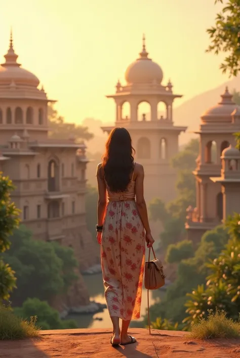 Create an image of 30 year old females back view while she is enjoying a vacation at an indian site view