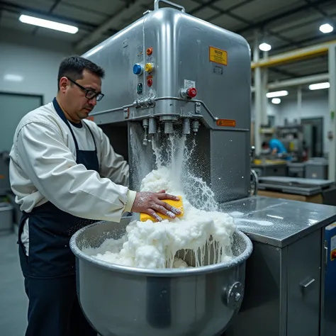 scrubbing the large mixer machine and others component by using sponge or scrub. make it the surface of the machine look foamy because of the detergent