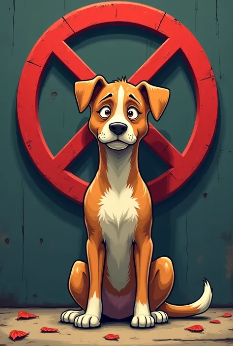 Cartoon of a sad dog being abandoned superimposed on the forbidden symbol 