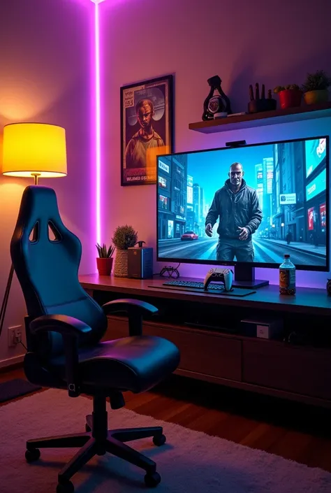 Big TV,
PS5 with 2 controller 
YELLOW LAMP
Gaming CHAIR
GTA  POSTER
BACKGROUND LED COLOUR LIGHT
SNACKS AND DRICKS 