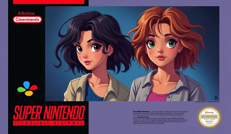 classic SNES cartridge label formatting, fictional mystery/puzzle action game with two female characters (very distincitve from each other), unveil riddles vibe, 3d effect color palette, retro gaming style