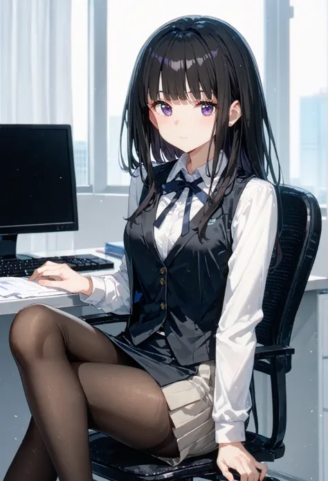 an anime girl in white shirt and office girl skirt with heels, 1girl, solo, pantyhose, breasts, high heels, shirt, looking at viewer,bangs, white shirt, long sleeves, collared shirt, blunt bangs, closed mouth, ribbon, simple background, h neck ribbon,offi...