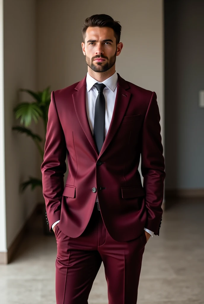 Create the image of a successful man aged 30-35 in a stylish maroon suit. the man stands at full height