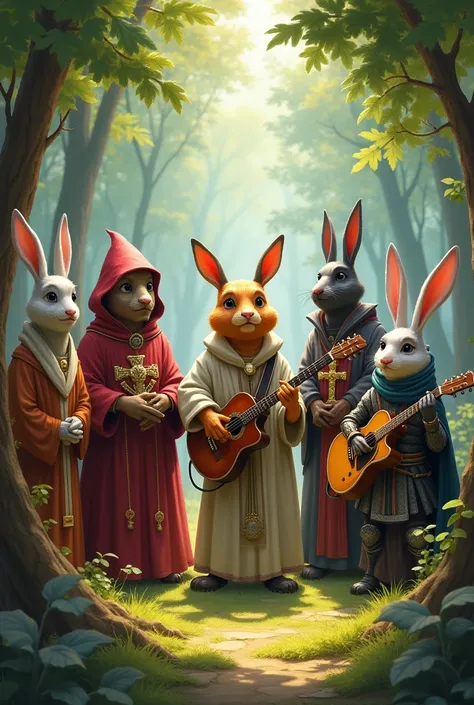 Three clerics, a paldin fire geeko, a pirate rabbit and a bard beetle playing guitar