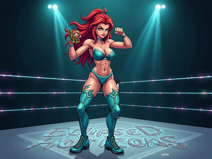 1 comic book style image of a female wrestler,  red hair,  green eyes,  aqua colored bra and panties,  with matching thigh high flat wrestling boots,  side angle, in a fighting stance throws a punch with her left hand with brass knuckles, her face is focus...