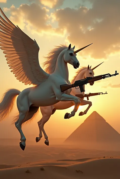 Create me Unicorns flying across Egypt with ak-47 saying auuuuu