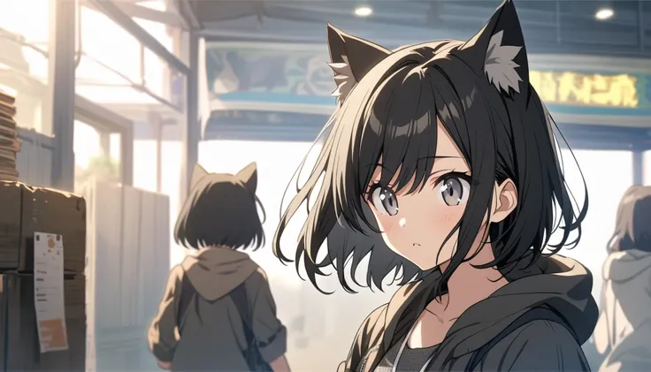 anime girl with black hair ,best ,Cat ears, black hair, wavy short hair, gray eyes