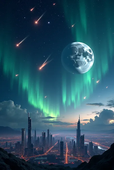 Genarate an image Comet shower in a full moon,aurora & futuristic City 