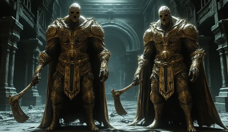 Two golden golems in the form of knights stand in the royal hall of the dwarves, against the background of the great throne. The throne room is empty and full of dust, and two golems are clutching their two-handed axes. The atmosphere is gloomy. dark light...