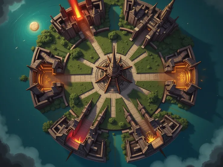 Create an image of a massive, circular city surrounded by seven distinct districts, each representing a former kingdom. In the center, there is the Kingdom of Commercia, with towering skyscrapers and a modern, bustling marketplace. The city walls are high ...