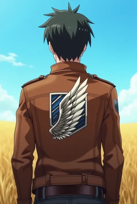  An individual stands with faith self wearing a brown leather jacket that looks sturdy and stylish. On the back of the jacket ,  there is the iconic freedom wing emblem from the anime Attack on Titan ,  with an intricate design and detail .  The leather ja...