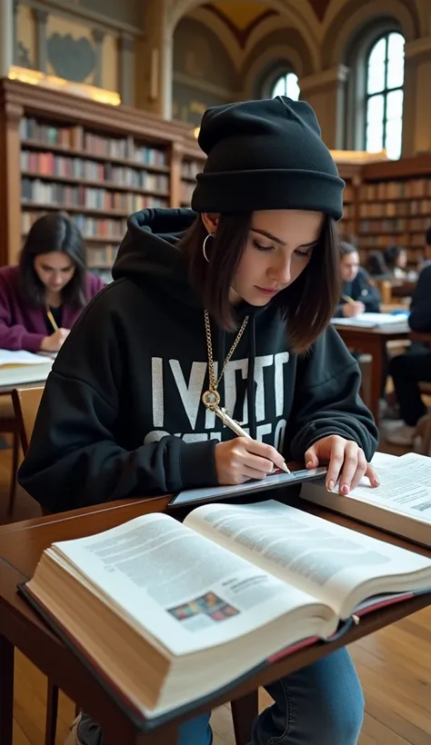 A 21-year-old Caucasian woman with dark hair, styled in a sleek, straight bob, sitting at a wooden study desk in the famous New York Public Library. She’s wearing a trendy "ghetto" outfit, featuring a loose-fitting oversized hoodie with bold graffiti-style...