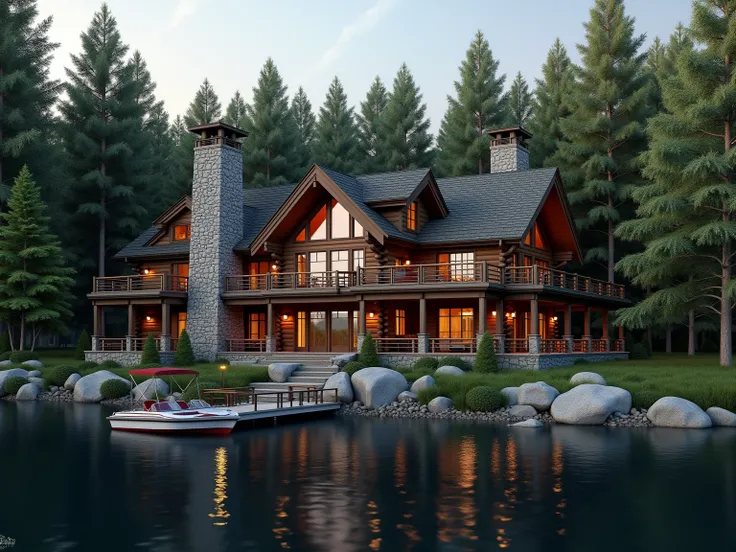 ((Luxury very very large log house )),(( rustic terrace )),lighting, boat dock on the lake with moored small boat, in a romantic forest by a lake,( photorealistic),( high resolution)