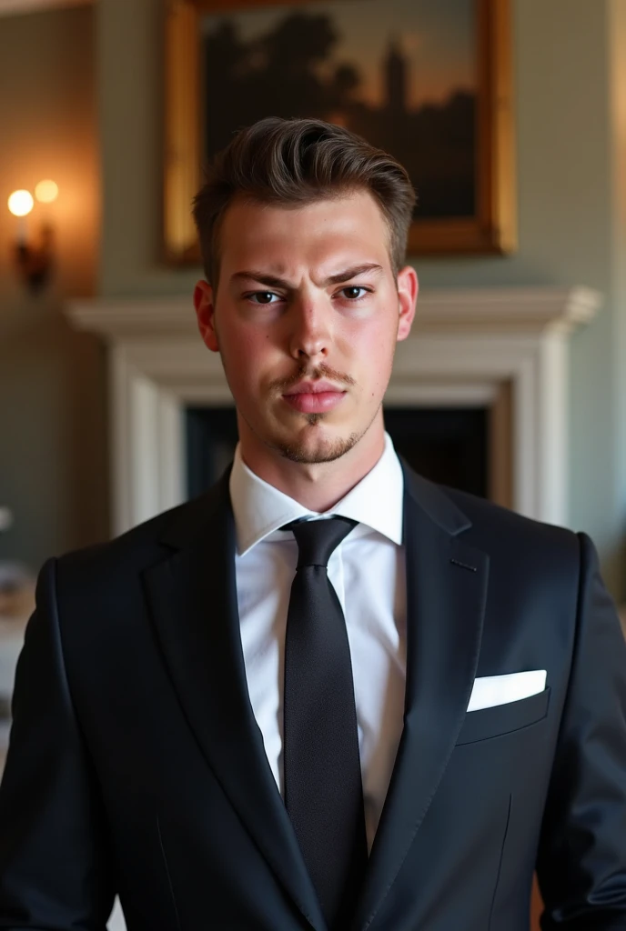 Insert my face into an elegant suit, with short hair and a serious expression. The photo should be in a beautiful living room with a fireplace in the background. The image should be as realistic as possible and look like a selfie.

