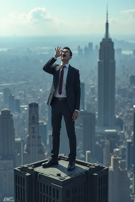 A picture of someone who is surprised by something standing on the top of the building