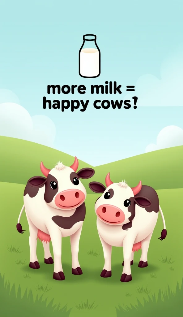 Show two cows standing together calmly, grazing peacefully. A milk bottle icon appears above them with text: "More Milk = Happy Cows!"]**
