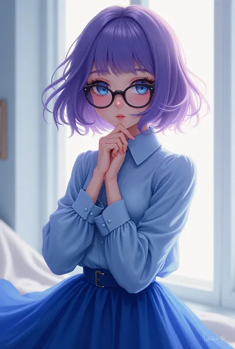 Draw a girl with purple rather short hair, blue eyes a blue blouse, a long blue skirt she has in glasses