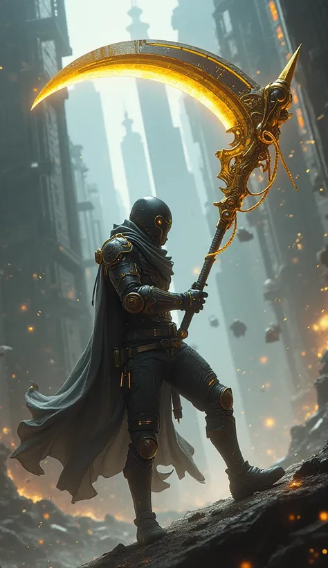 make a futuristic combat scythe. golden details. technological landscape