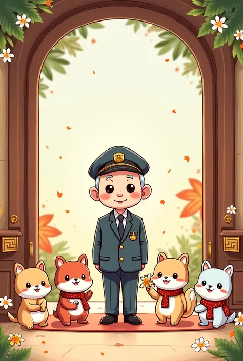 Could you create a drawing for me with an elderly doorman and 4 characters representing the four seasons in a kawaii way please thank you