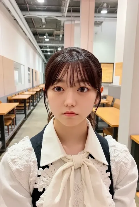  1 girl,  medium breasts, school uniform,
 bundles hair,from behind,  fisheye lens,  Looking Ahead ,  are expressionless,  The regional station  ,  open your mouth,
masterpiece,  top quality ,  very aesthetic ,  absurd