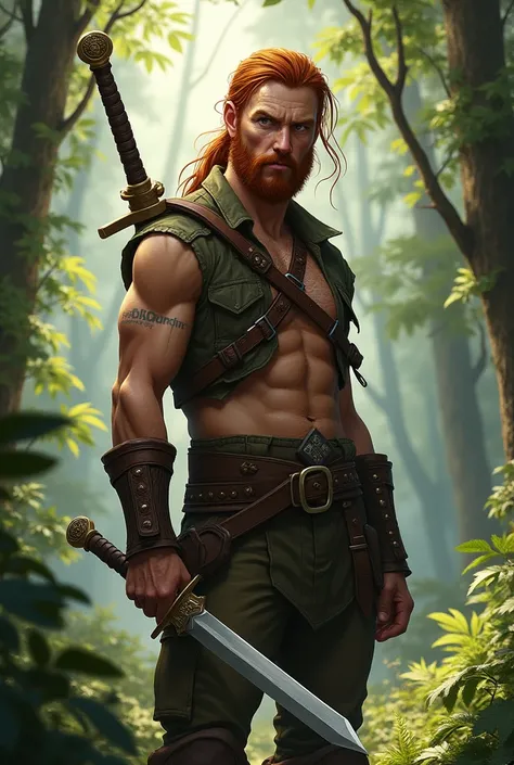 Redheaded human , man, thin beard,  hair tied , Ranger, two swords,  pathfinder style,  692px x 1024px 