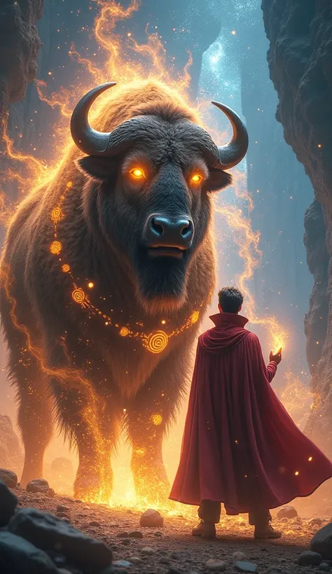 create 32k bison and Doctor Strange stand in the same frame in an ethereal, magical landscape filled with swirling energies, floating symbols, and open rifts to other realms. On the left, the bison stands tall, its massive frame covered in glowing, arcane ...