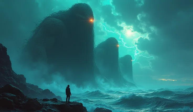 "Create a hyper-realistic sci-fi scene set in an ancient, mystical ocean world. The ocean is vast and deep, with dark, turbulent waters that reflect a glowing, otherworldly sky. Massive, towering figures of ancient gods emerge from the waves, their forms b...