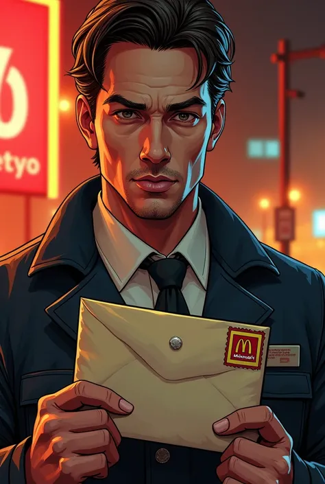 image comic style, A man in a security uniform holding a sealed envelope with a McDonalds Monopoly stamp, looking directly at the camera with a calm but secretive expression, high quality, realistic colors,  street light in gold and red tones, intricate dr...