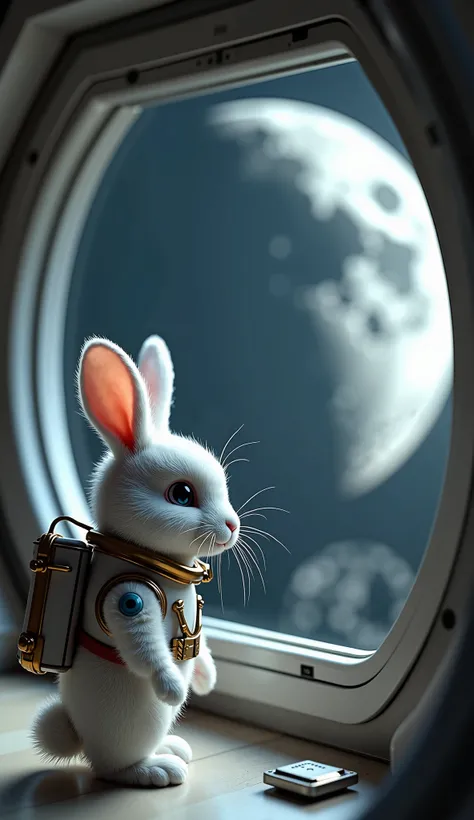  Little White Rabbit in a spacesuit ,  watching the moon slowly disappear from the window, Feeling nostalgic and contemplative .