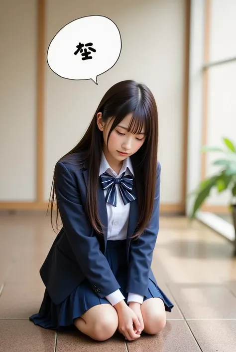 "Japanese schoolgirl in a long-sleeved uniform, kneeling in prayer, with a large speech bubble saying HunyuanVideo IN seaart, high-resolution, realistic depiction, detailed background suggesting a serene, thoughtful atmosphere, soft natural lighting, empha...