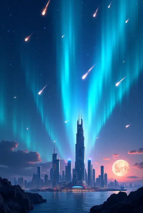 Genarate an image Comet shower in a full moon,blue aurora & futuristic City