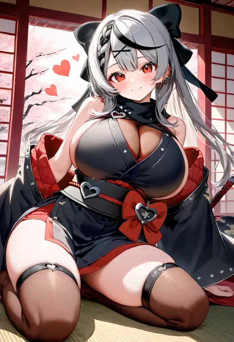 ( top quality  , 8k , masterpiece ),  girl  , young , 1 person , sakamata chloe ,  hololive  , Silver Hair , Big Breasts , smile ,  like heaven ,  red cheeks  , A rich variety of skin tones  , ( ninja , sleeveless, Heart, japanese clothes ,  :1.2) , ( huge...